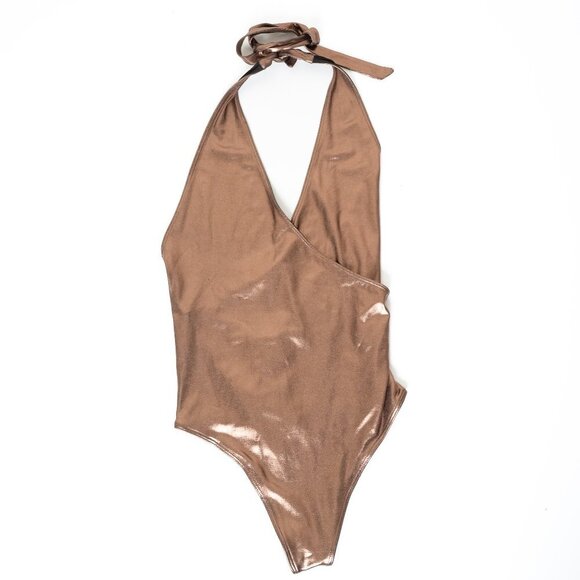 🚨 Aritzia Little Moon Bodysuit Metallic Copper Luna Halter Tie Strap - Picture 2 of 13